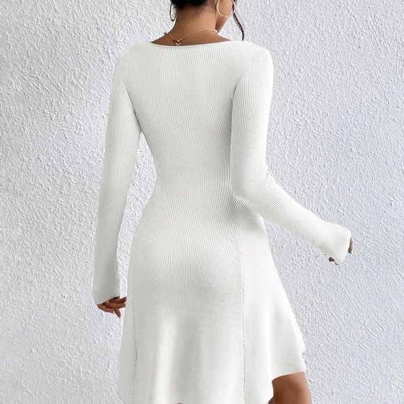 Sweetheart Neck Ribbed Knit Sweater Dress White - Picture 3 of 5
